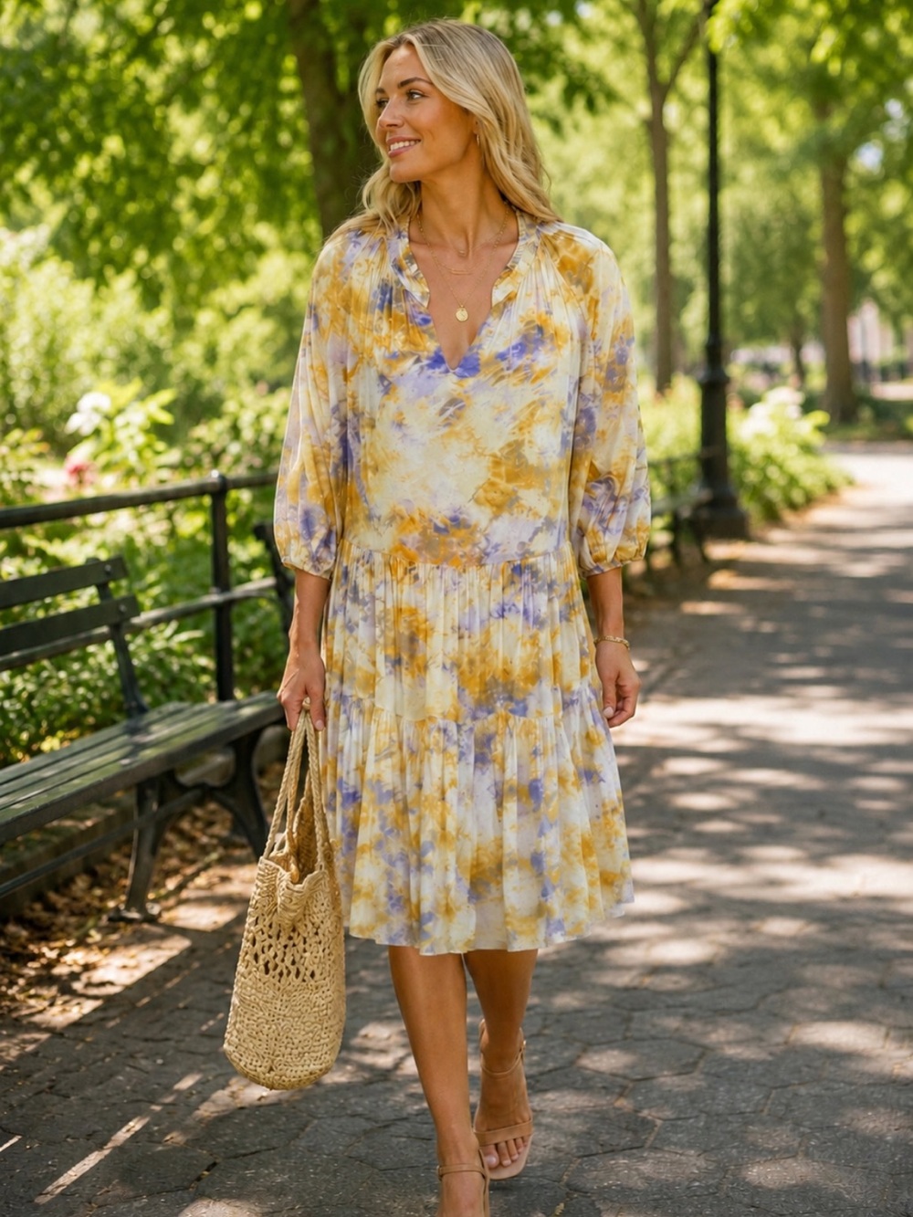 Beautiful Greylin Yellow & Lavender Watercolor V-Neck Midi Dress❤️M